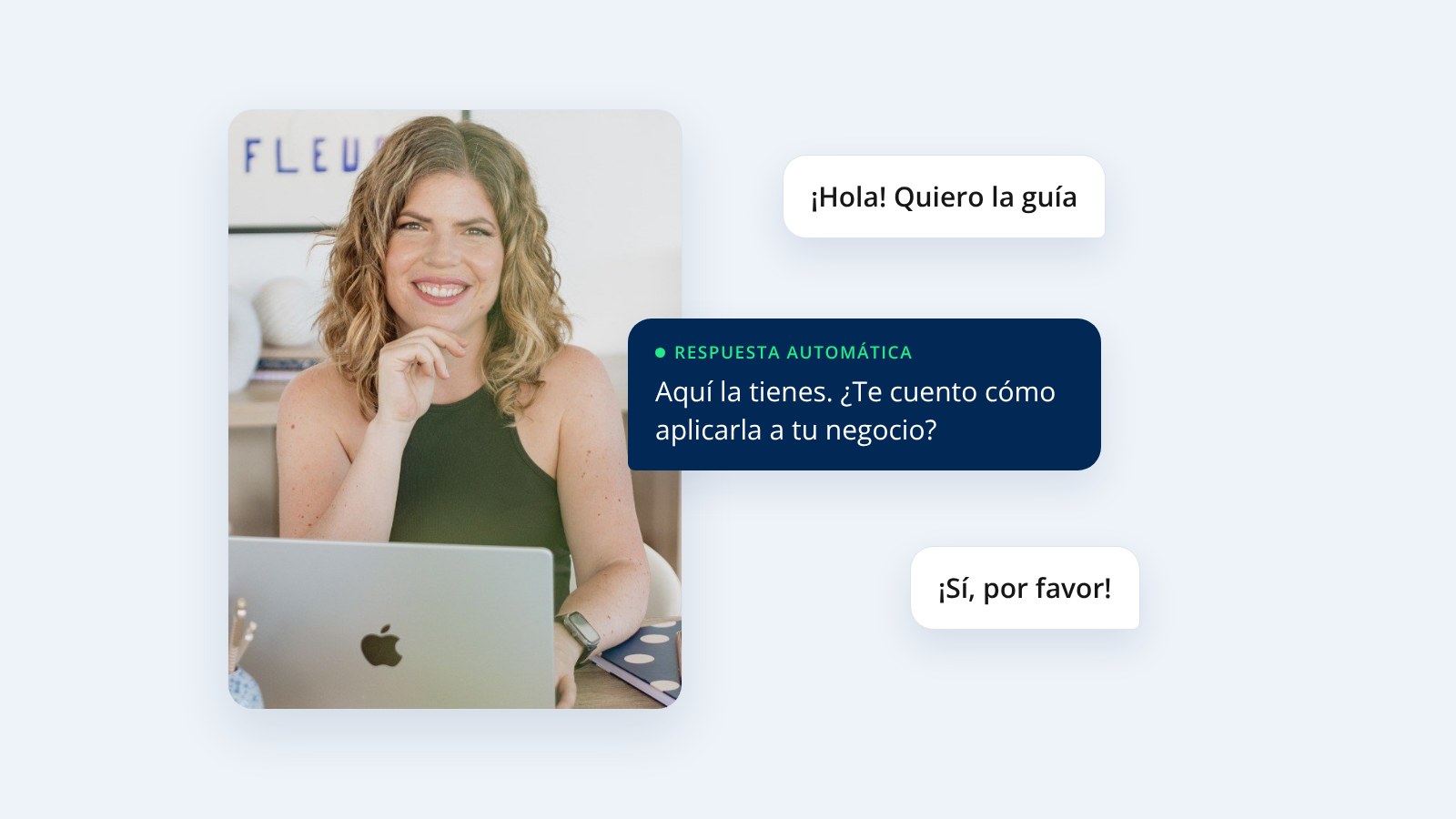 Portada del curso Manychat para negocios: una persona frente al ordenador y una conversación automatizada con respuesta automática